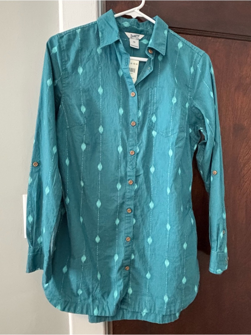 NWT Duluth Women’s Green Tunic Shirt XS Cotton Hemp Button-up Southwest Pattern